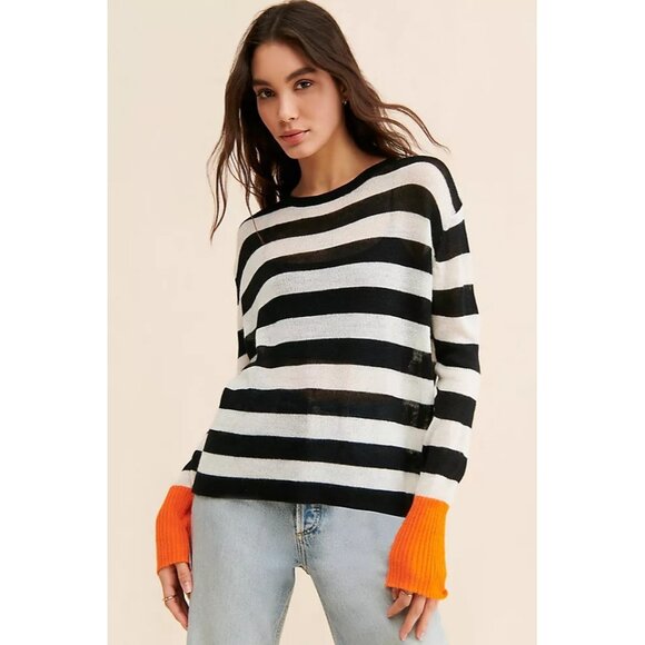 Striped Contrast Sweater With Orange Cuffs By Little Lies Anthropologie - Picture 1 of 11